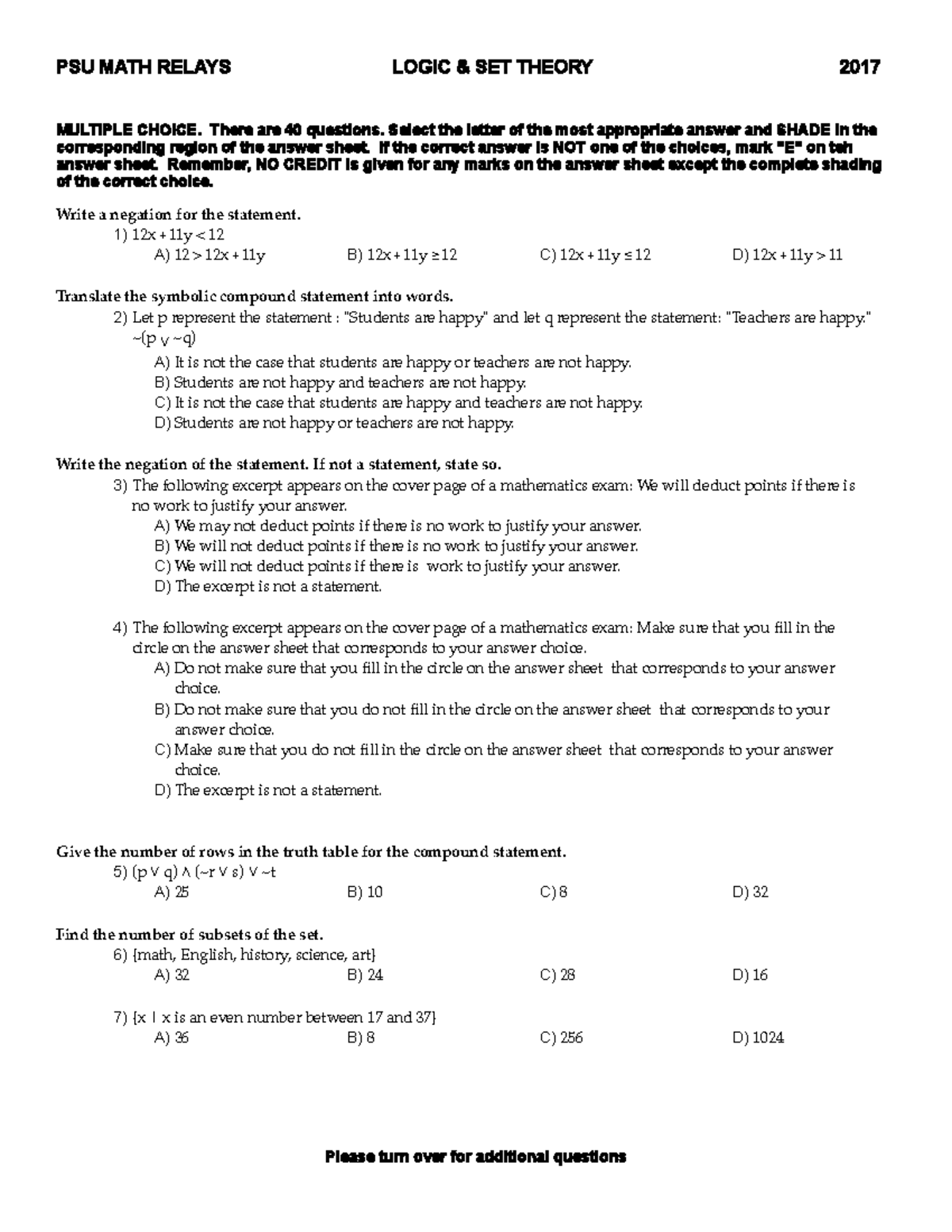 2017 Logic and Set PSU MATH RELAYS LOGIC & SET THEORY 2017 MULTIPLE