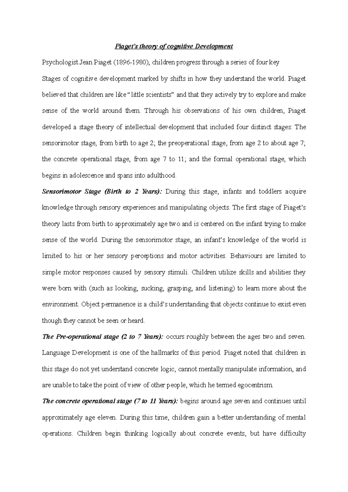 Piaget's Theory Of cognitive development - Piaget’s theory of cognitive ...