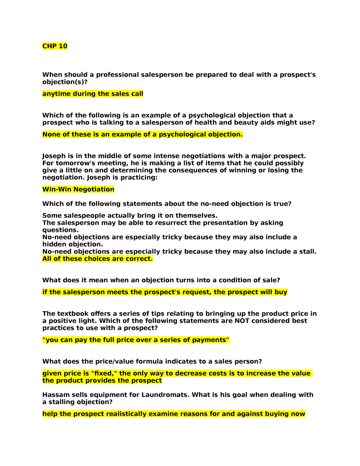 CH10 Exercise Answers CHP 10 When Should A Professional Salesperson 