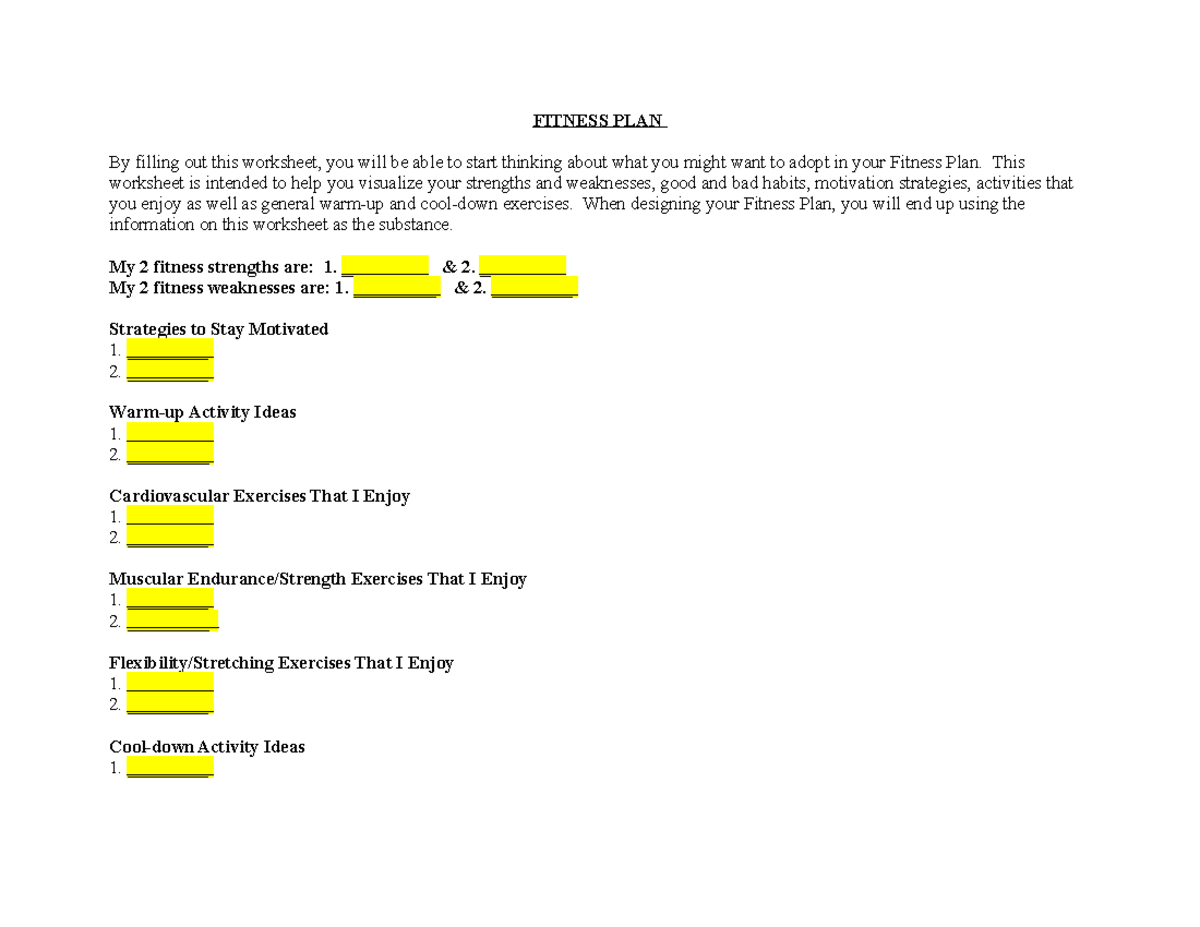 MY Personal Fitness PLAN - FITNESS PLAN By filling out this worksheet