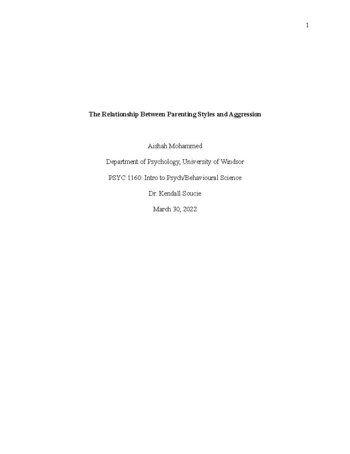 PSYC 1160 The Relationship Between Parenting Styles and Aggression ...