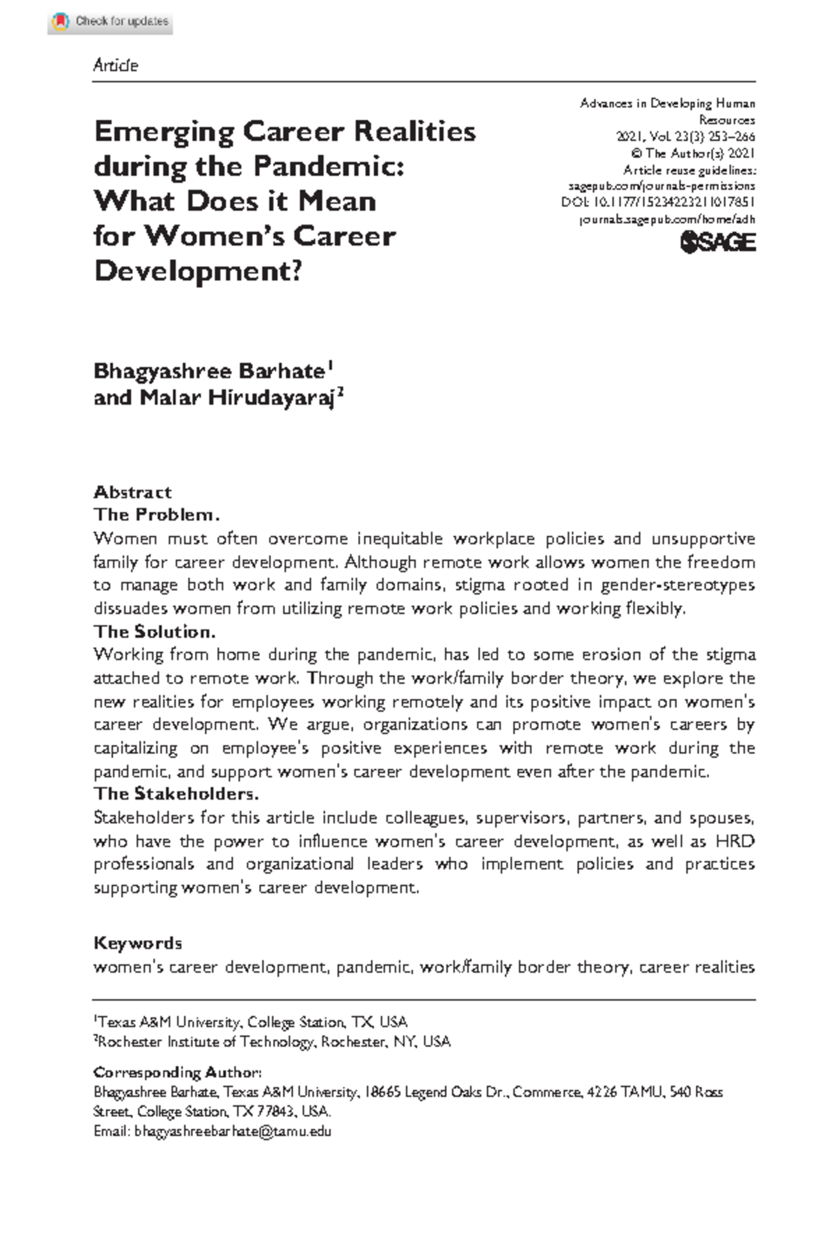 Barhate hirudayaraj 2021 emerging career realities during the pandemic ...