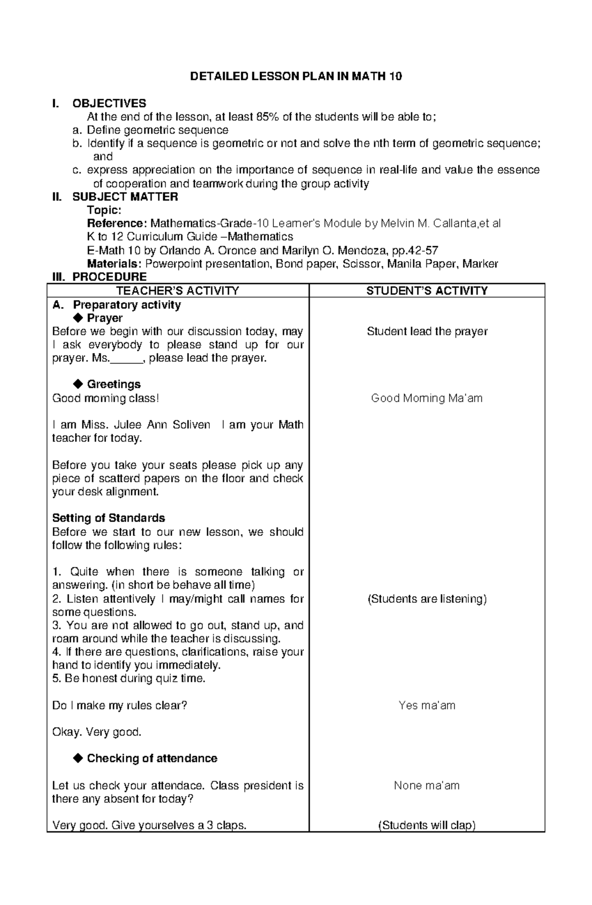 Lesson PLAN - Geometric - DETAILED LESSON PLAN IN MATH 10 I. OBJECTIVES ...