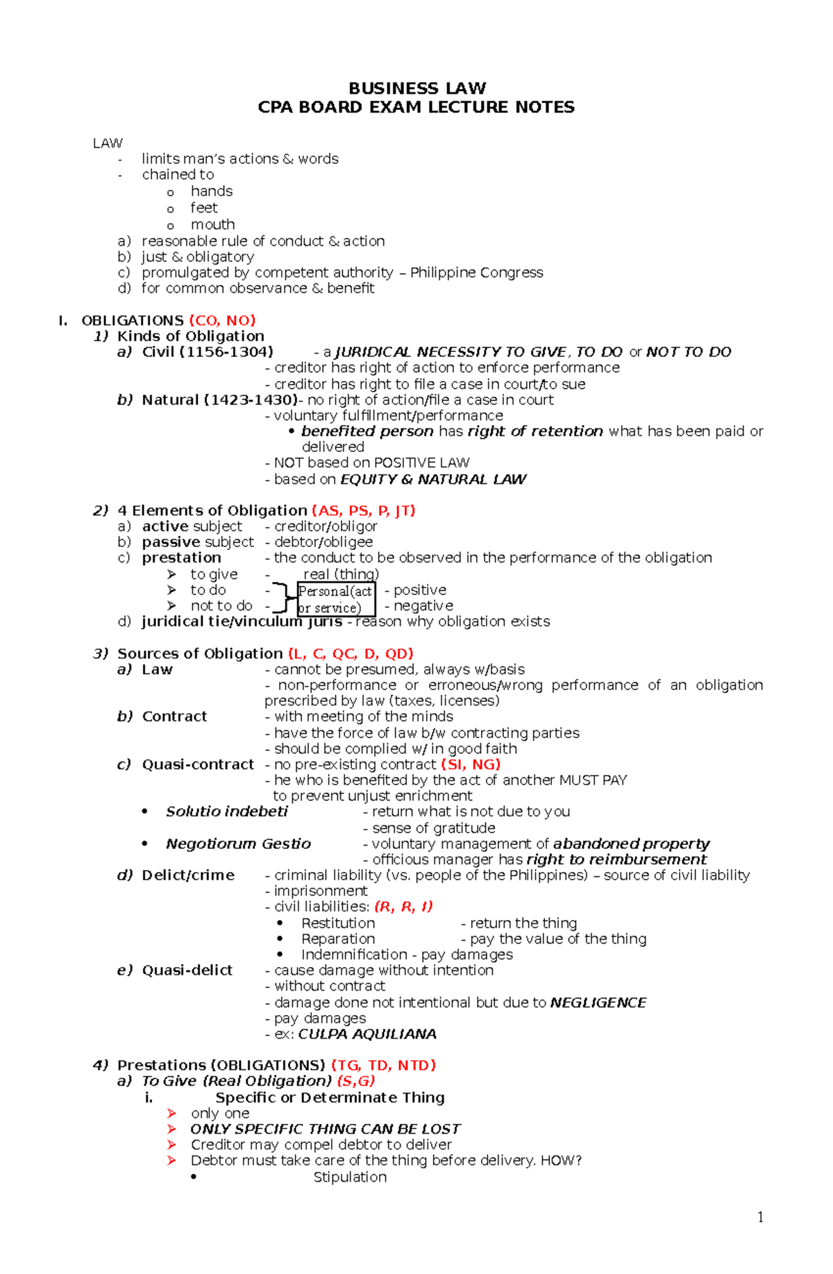 Bl Lecture Notes Business Law Cpa Board Exam Lecture Notes Law Limits Mans Actions And Words 3603