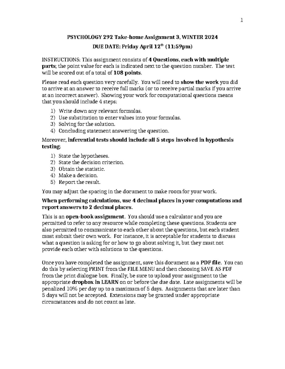 Takehome 3(2024) - PSYCHOLOGY 292 Take-home Assignment 3, WINTER 2024 ...
