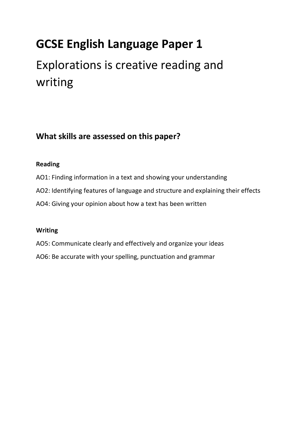 English Language Paper GCSE English Language Paper Explorations Is Creative Reading And