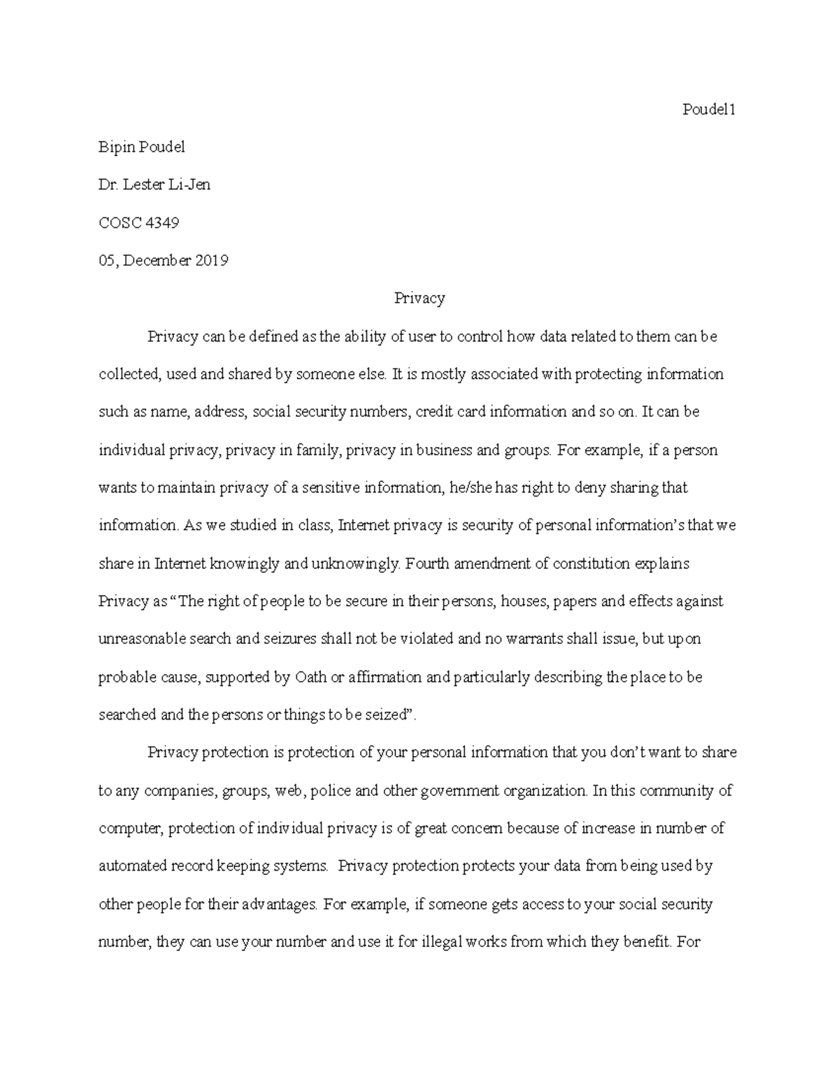 Privacy - paper for topic internet of things - Poudel Bipin Poudel Dr ...