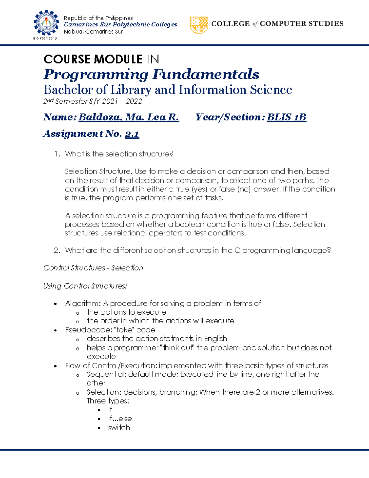 Programming-ASS2 - Camarines Sur Polytechnic Colleges Nabua, Camarines ...