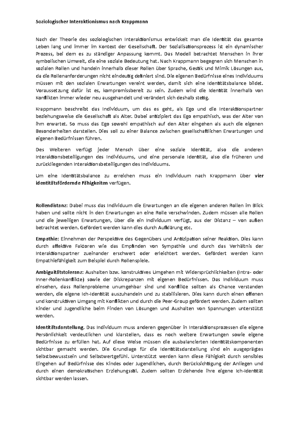 Führerschein Theorie Zusammenfassung Pdf 2024 Zusammenfassung - Krappmann - Soziologischer Interaktionismus nach
