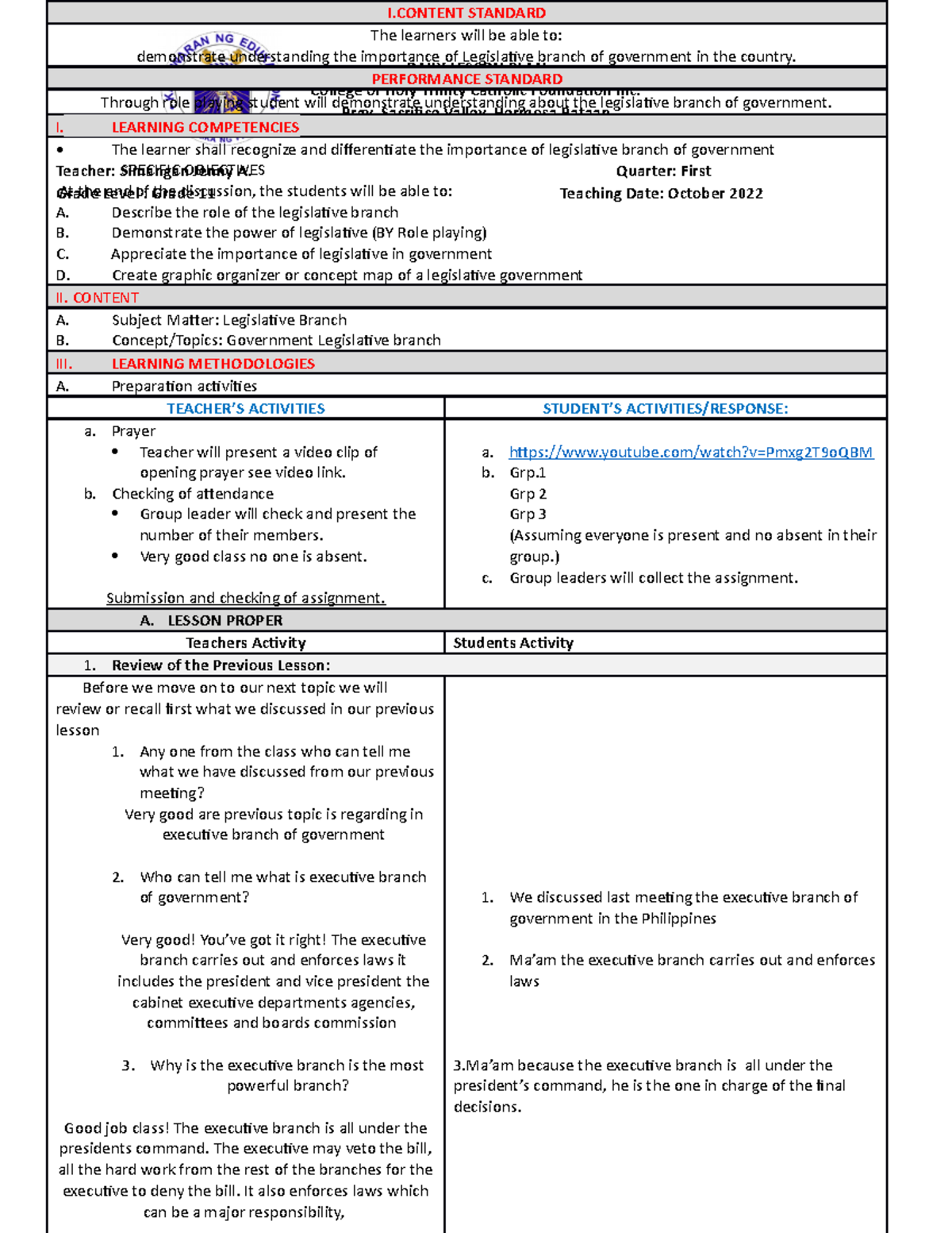 Demonstration teaching 101. - DAILY LESSON PLAN College of Holy Trinity ...