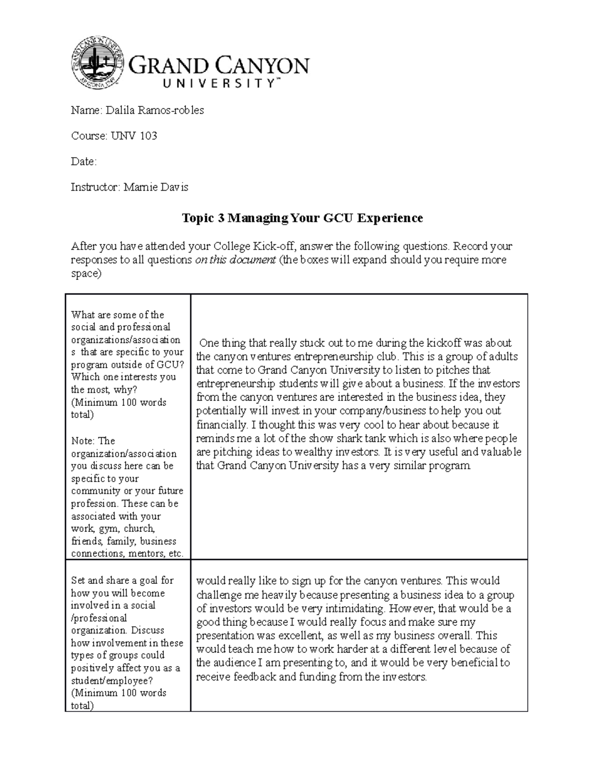 Unv 103 Rs T3 Your Gcuexperience To Name Dalila Ramos Robles Course