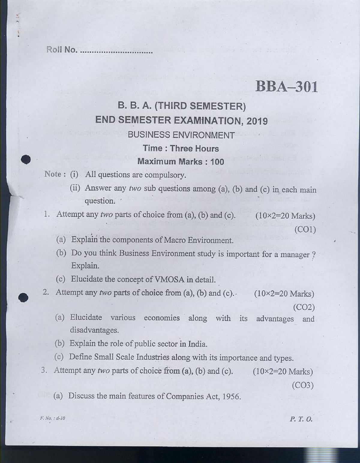 2019 BBA Exam Paper All Subjects 3rd SEM - Bachelors Of Business ...