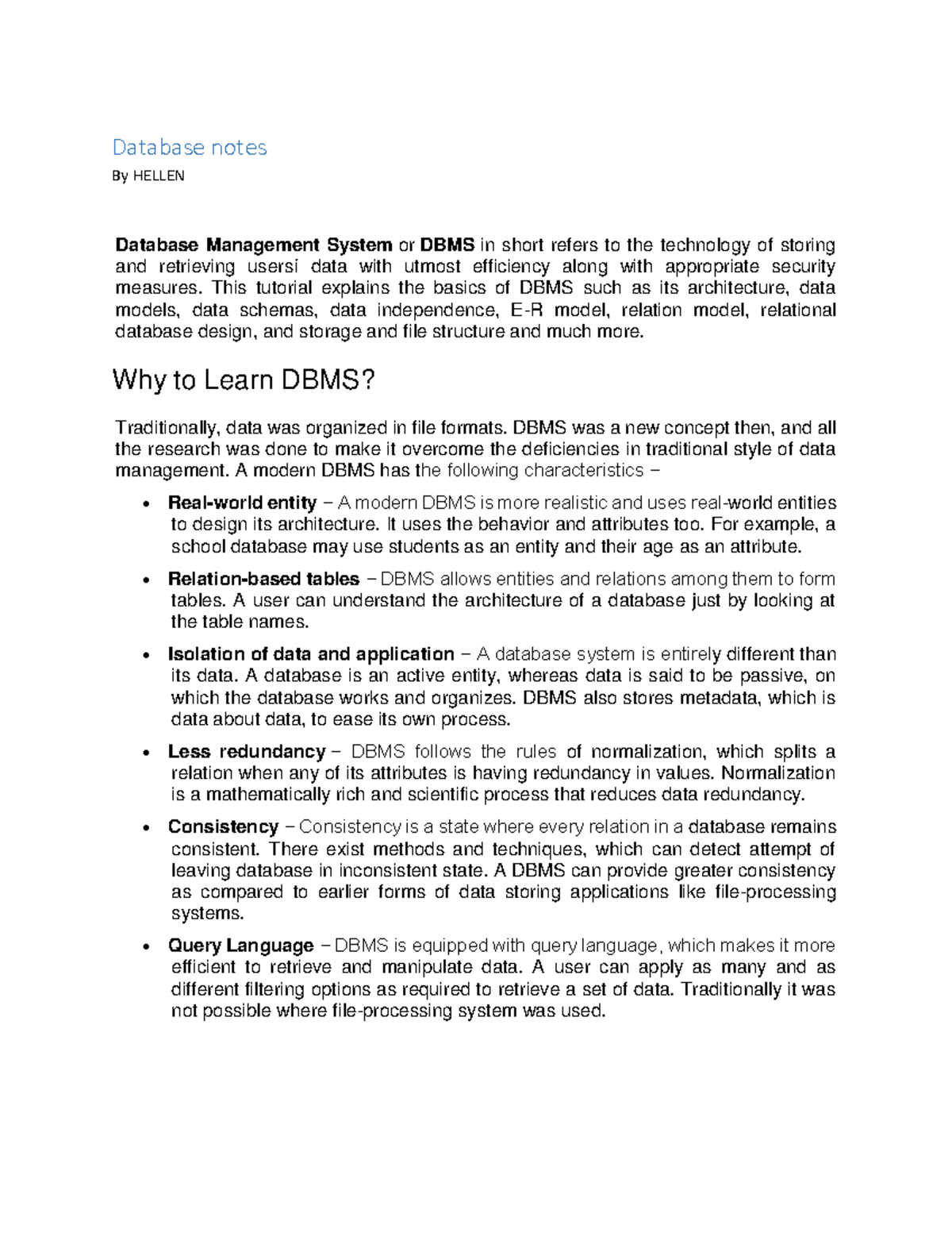 Database notes lesson 5 - Database notes By HELLEN Database Management ...