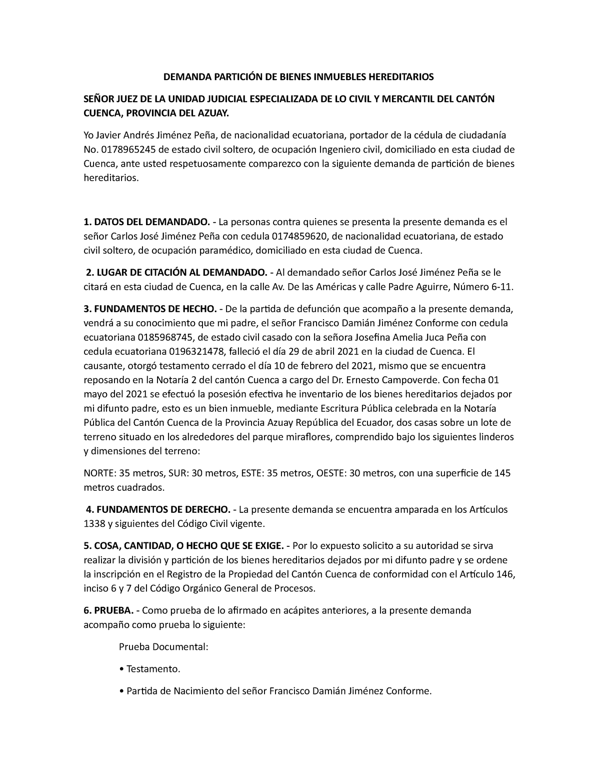 Demanda Particion Judicial Demanda ParticiÓn De Bienes Inmuebles Hereditarios SeÑor Juez De La 1679