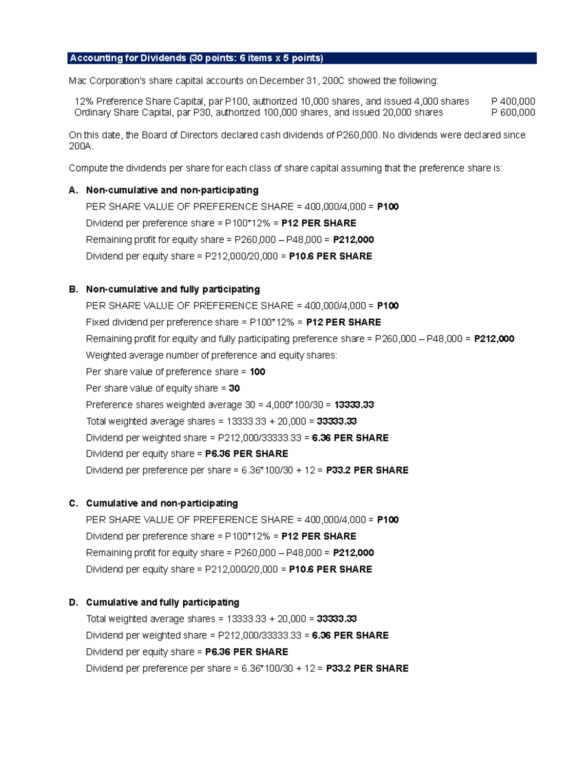 (07ACT3) BASIC ACCOUNTING - Accounting For Dividends (30 Points: 6 ...