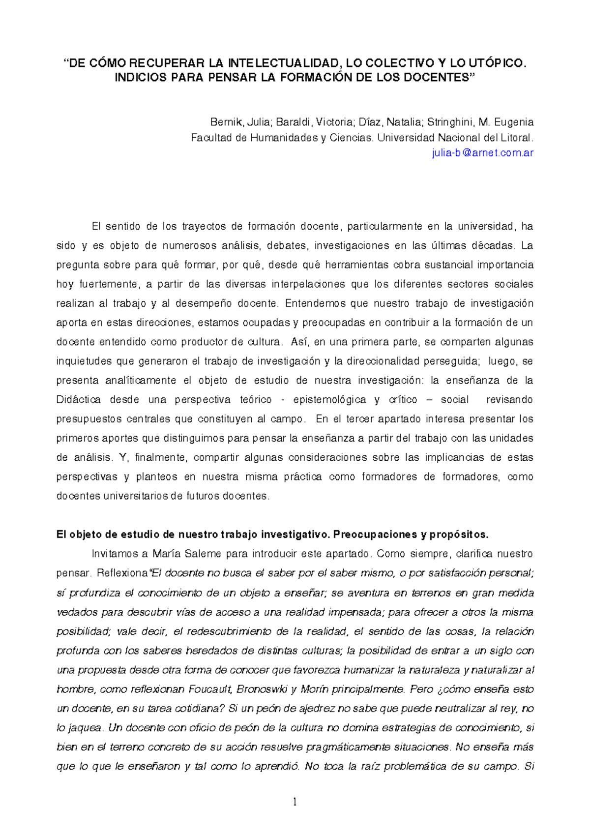 Baraldi, enseñanza - “DE CÓMO RECUPERAR LA INTELECTUALIDAD, LO ...