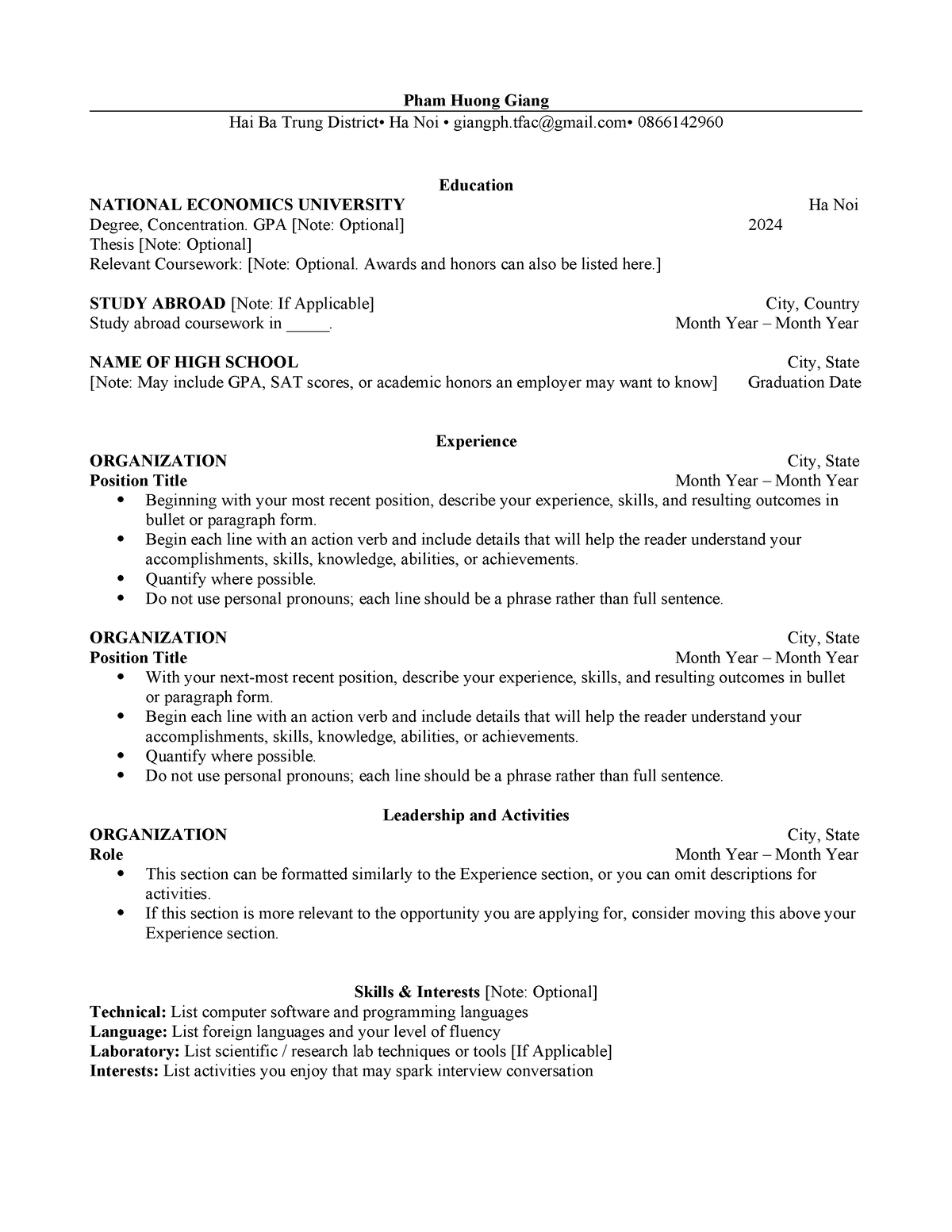 MAKE A COPY OF THE DOC - Harvard CV Template - Pham Huong Giang Hai Ba ...