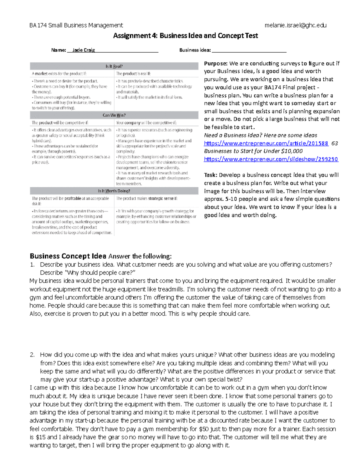 BA174 Assignment 4 - BA174 Small Business Management melanie@ghc ...