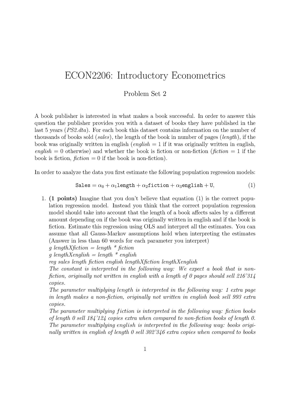 ECON2206: Introductory Econometrics Problem Set 2 - Studocu