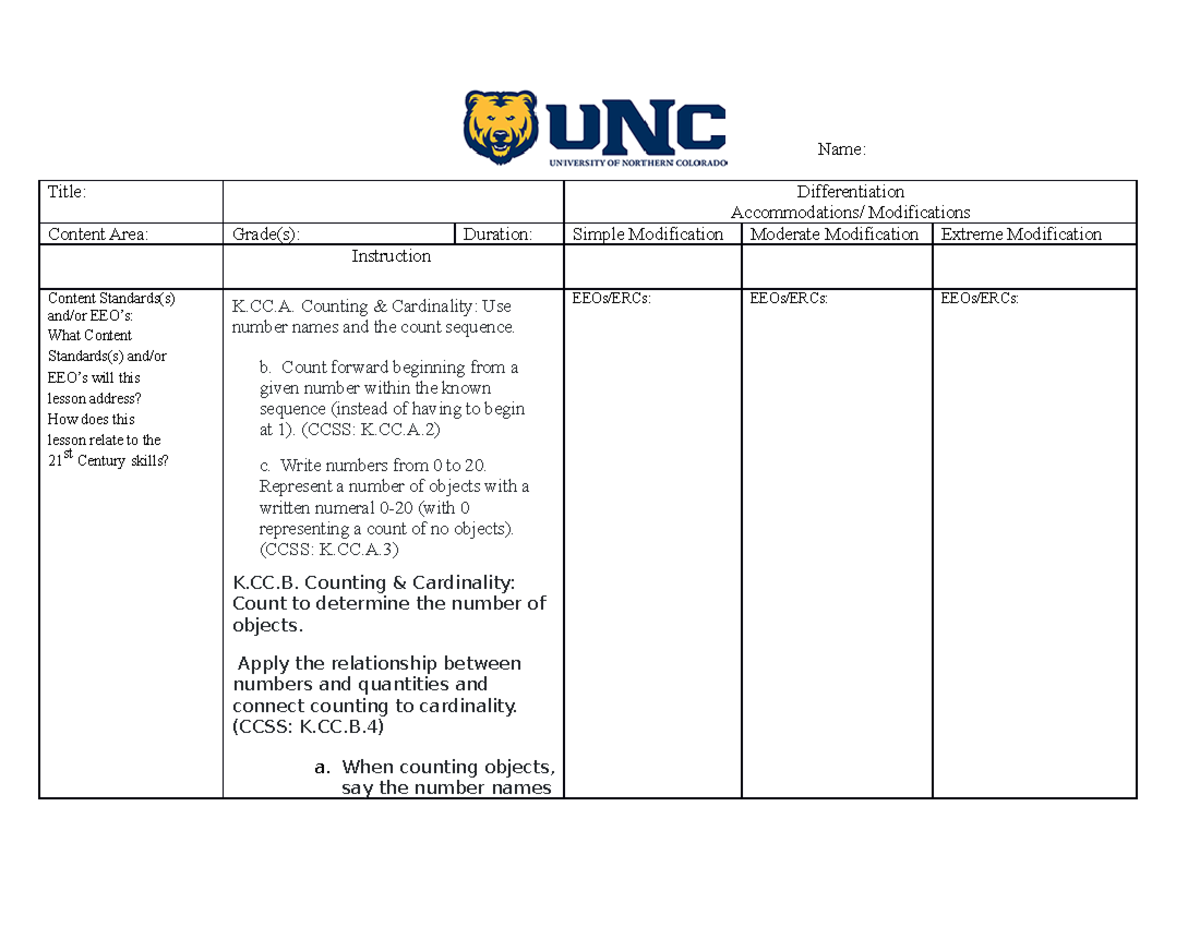 EDSE 443 Math Lesson Plan Modification - Name: Title: Differentiation ...
