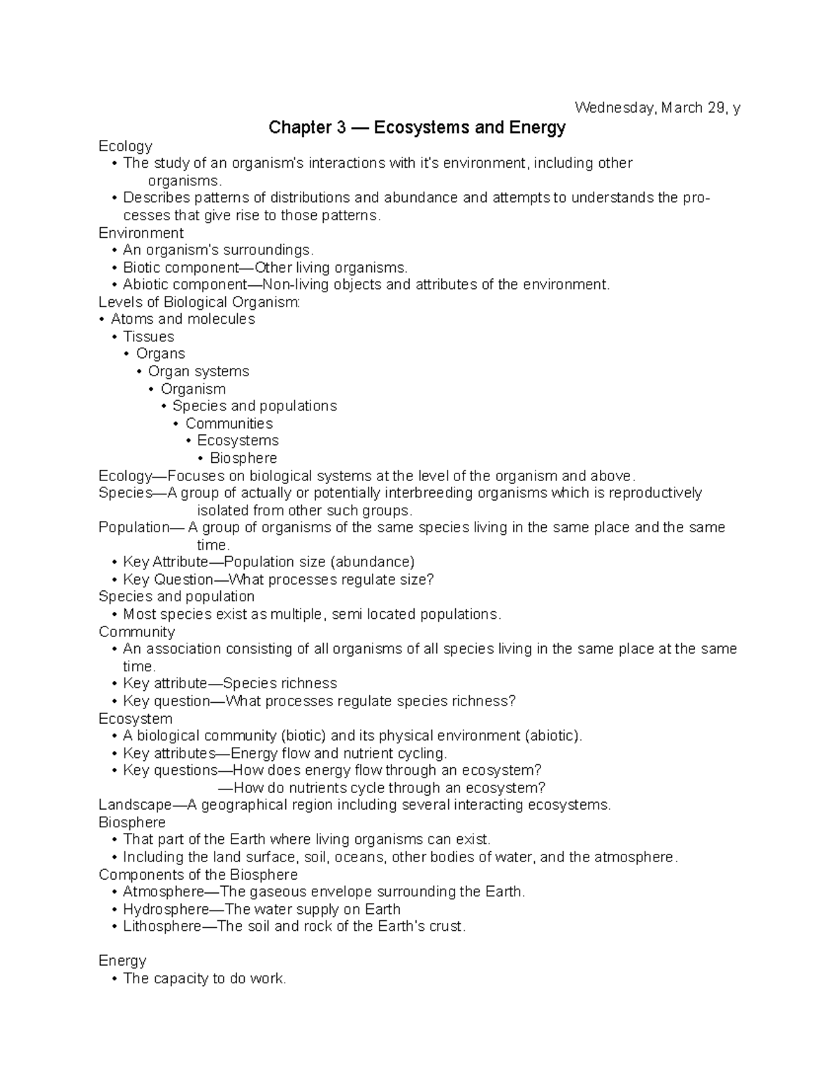 Biology Notes Chapter 3 - Wednesday, March 29, Y Chapter 3 — Ecosystems ...