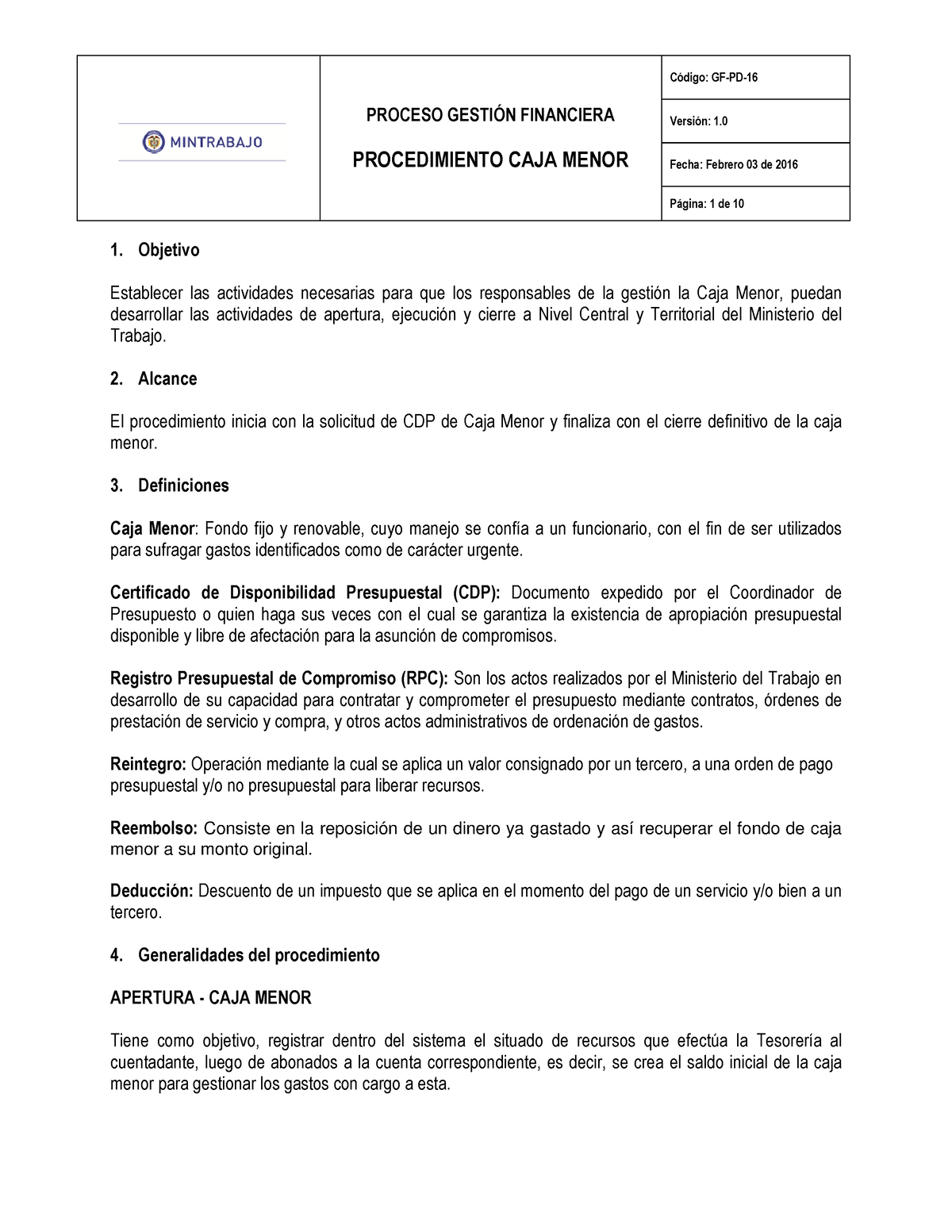 Procedimiento Caja Menor - Código: PROCESO GESTIÓN FINANCIERA ...