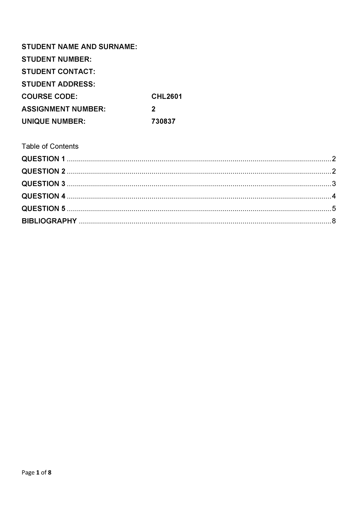 CHL2601 ASS 2 - STUDENT NAME AND SURNAME: STUDENT NUMBER: STUDENT ...