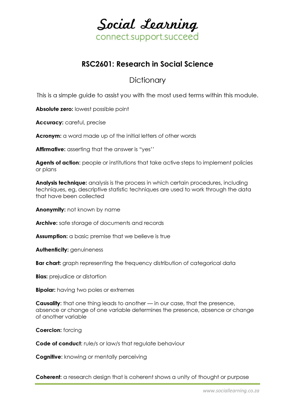 Stuvia 17119 rsc2601 dictionary - RSC2601: Research in Social Science ...