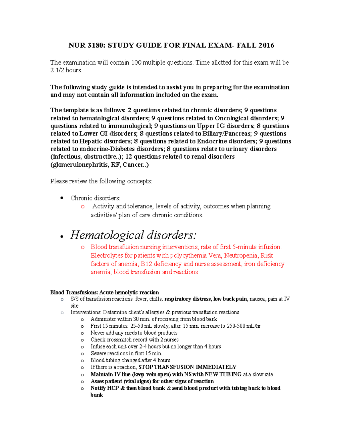 Final Study Guide - NUR 3180: STUDY GUIDE FOR FINAL EXAM- FALL 2016 The ...
