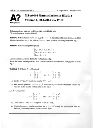 Matriisilaskenta Kevät 2022 Mallivastaukset - MS-A0002 Matriisilaskenta ...