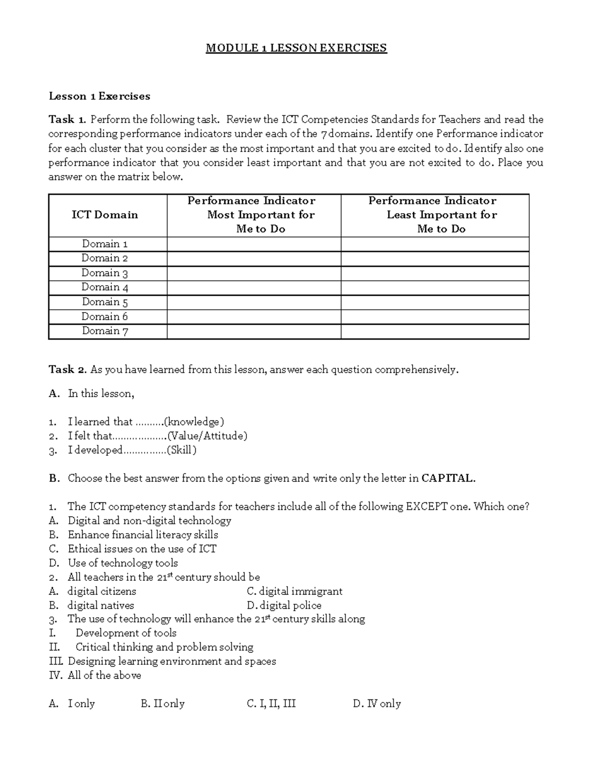 TTL 1 Module Exercises for education students - MODULE 1 LESSON ...
