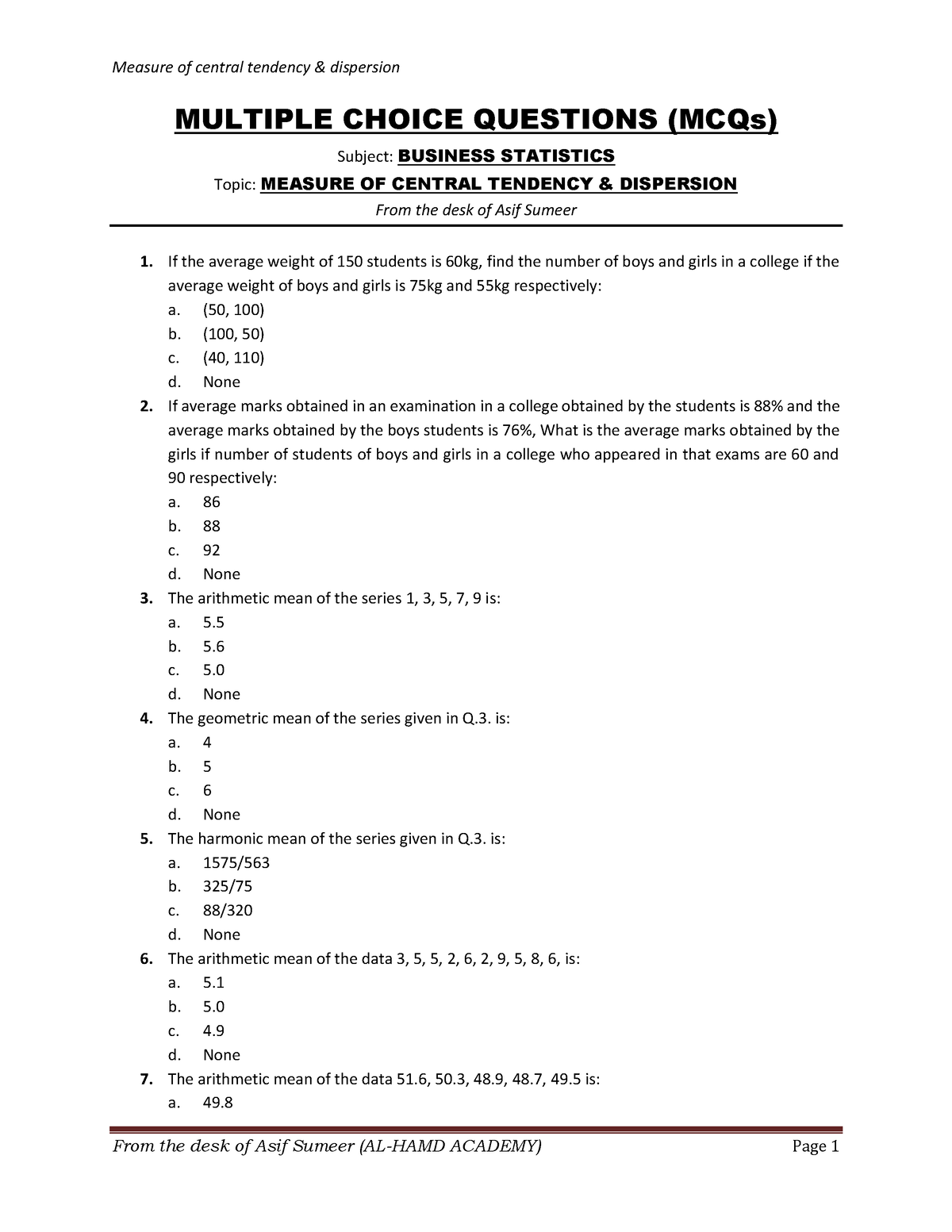 Mcqs 13 Business Math And Stat Mcqs Business Mathematics And Statistics Icma Pakistan 7720