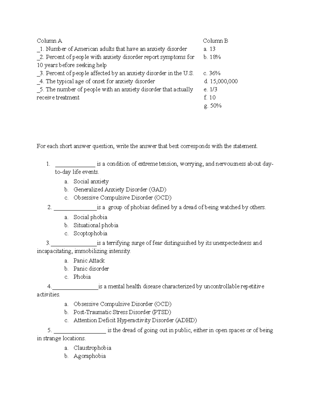 Anxiety test for psych project Column A Column B _1. Number of