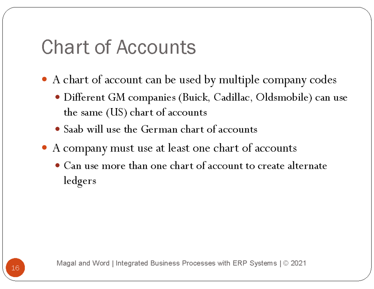 Accounting 2 Chart of Accounts A chart of account can be used by