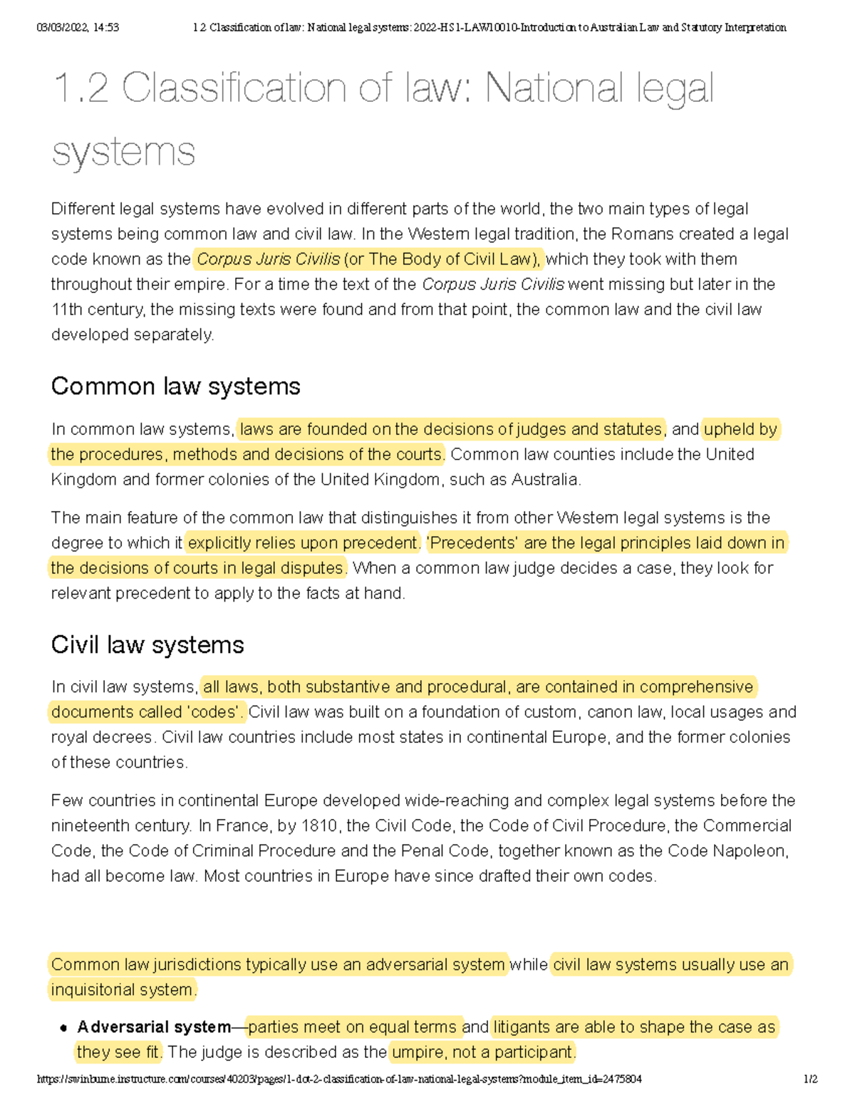 1.2 Classification Of Law National Legal Systems 2022-HS1-LAW10010 ...