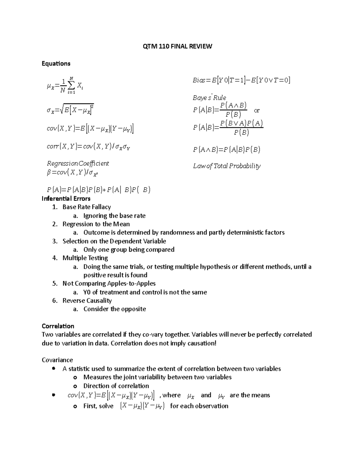 Qtm 110 Final Review Summary Introduction To Scientific Methods Qtm 110 Final Review Equations Xi Cov Corr Cov Regressioncoefficient Cov Bias Bayes Rule Or Studocu