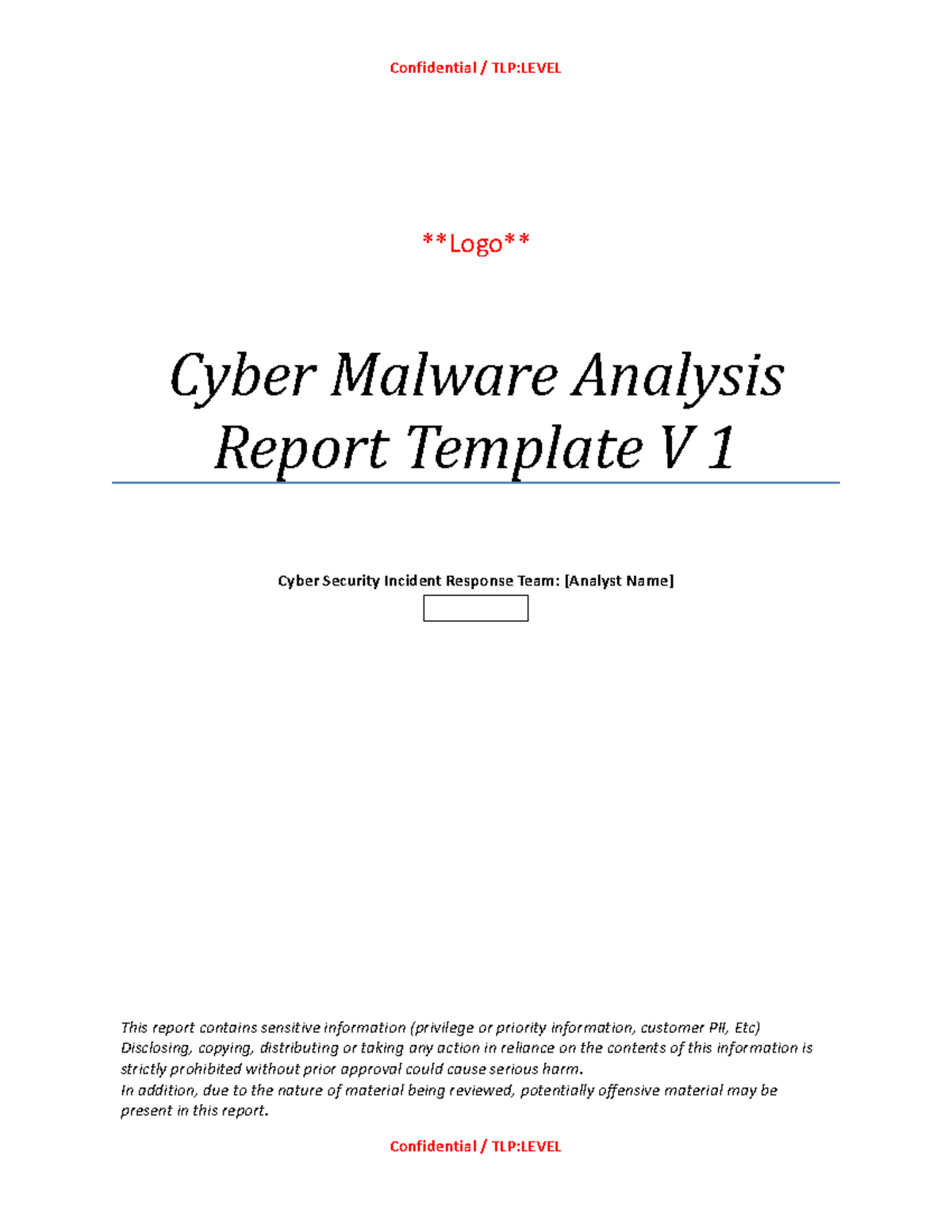 Cmar Template 2021 First Malware Sig Confidential Tlp Level Logo Cyber Malware Analysis