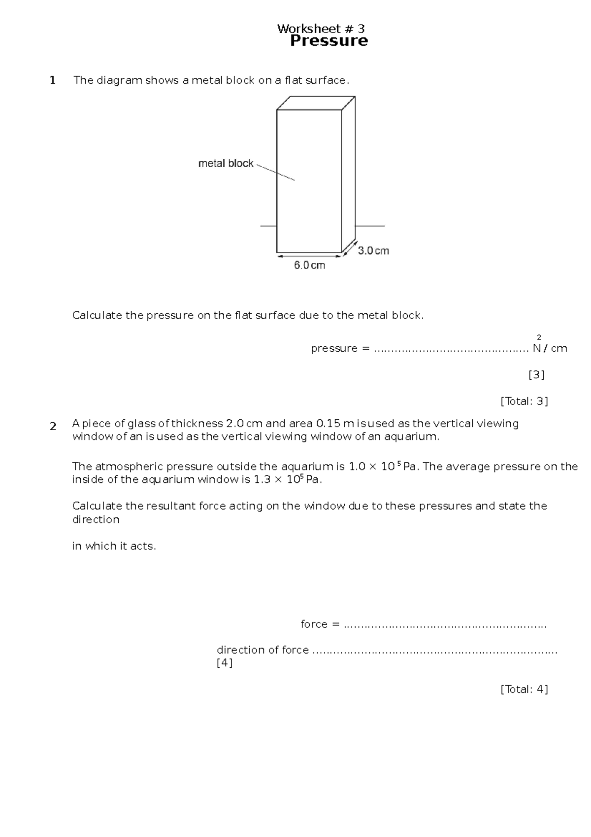 Pressure 2023 - worksheet - Worksheet # 3 Pressure 1 The diagram shows ...