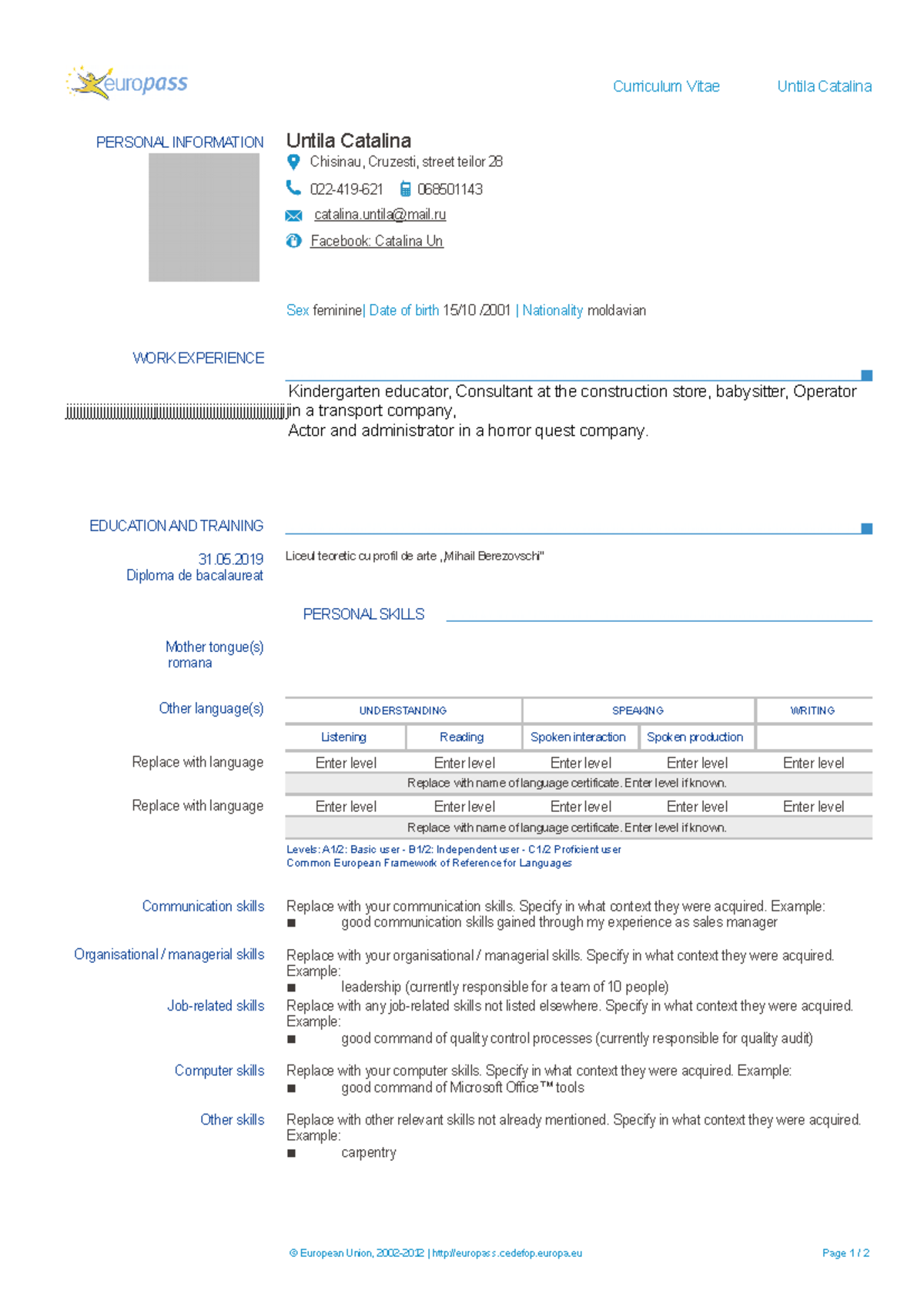 Europass CV template and - Curriculum Vitae Untila Catalina PERSONAL ...