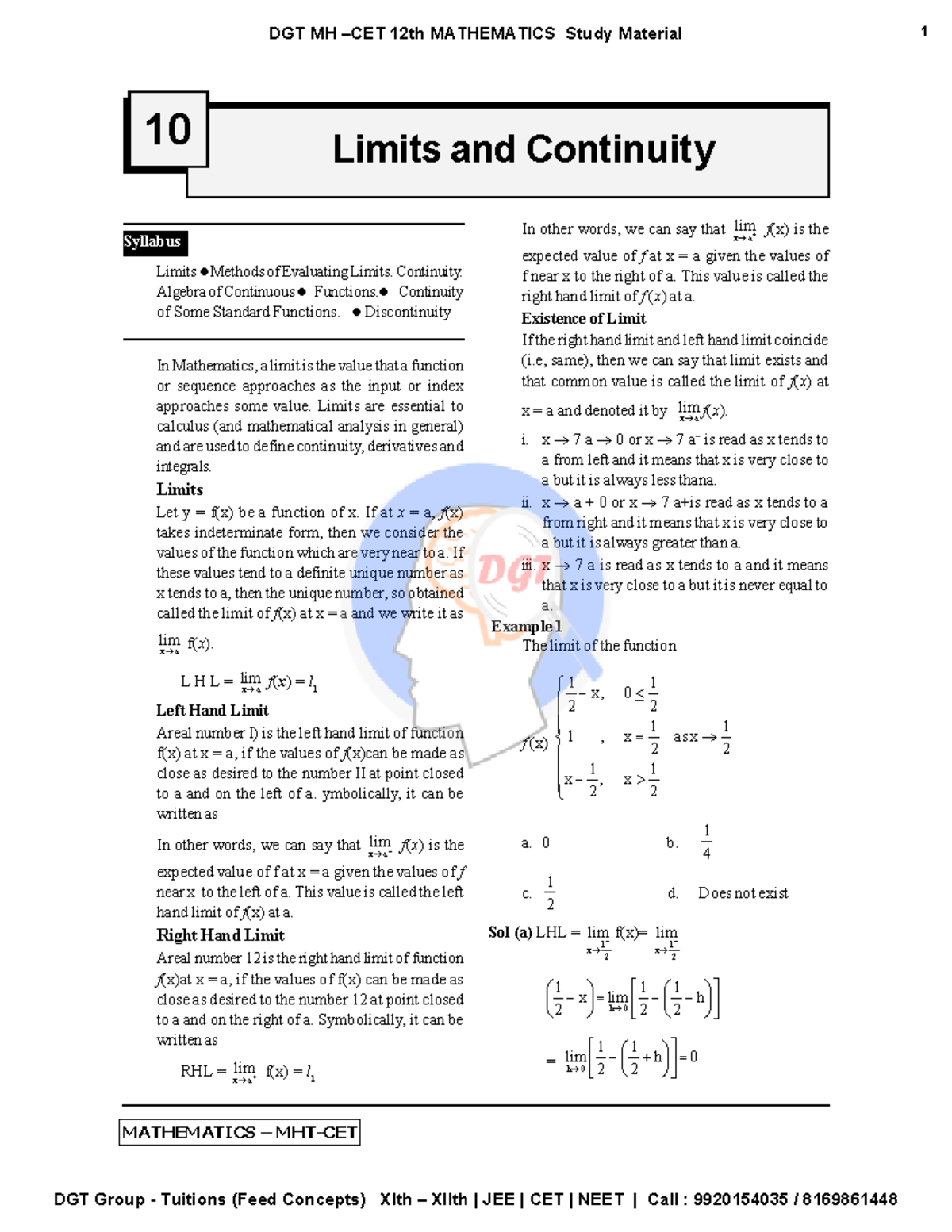 DGT Limits Continuity - Limits and Continuity 177 MATHEMATICS – MHT-CET ...