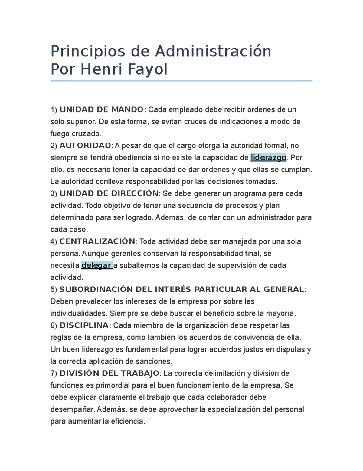 14 Principios De Fayol Hkhdlfkjhw Principios De Administración Por