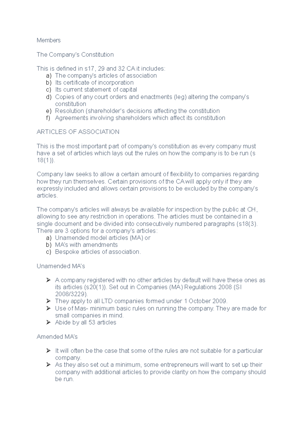 5. Members - law lecture notes - Members The Company’s Constitution ...