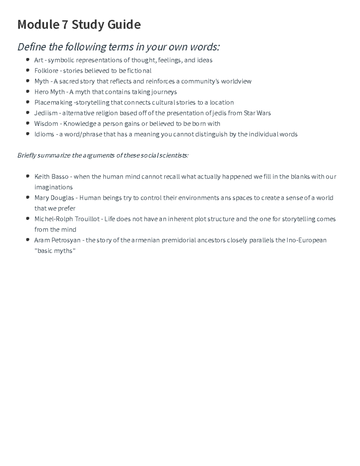 Module 7 study guide for Anthro 110 - Module 7 Study Guide Define the ...