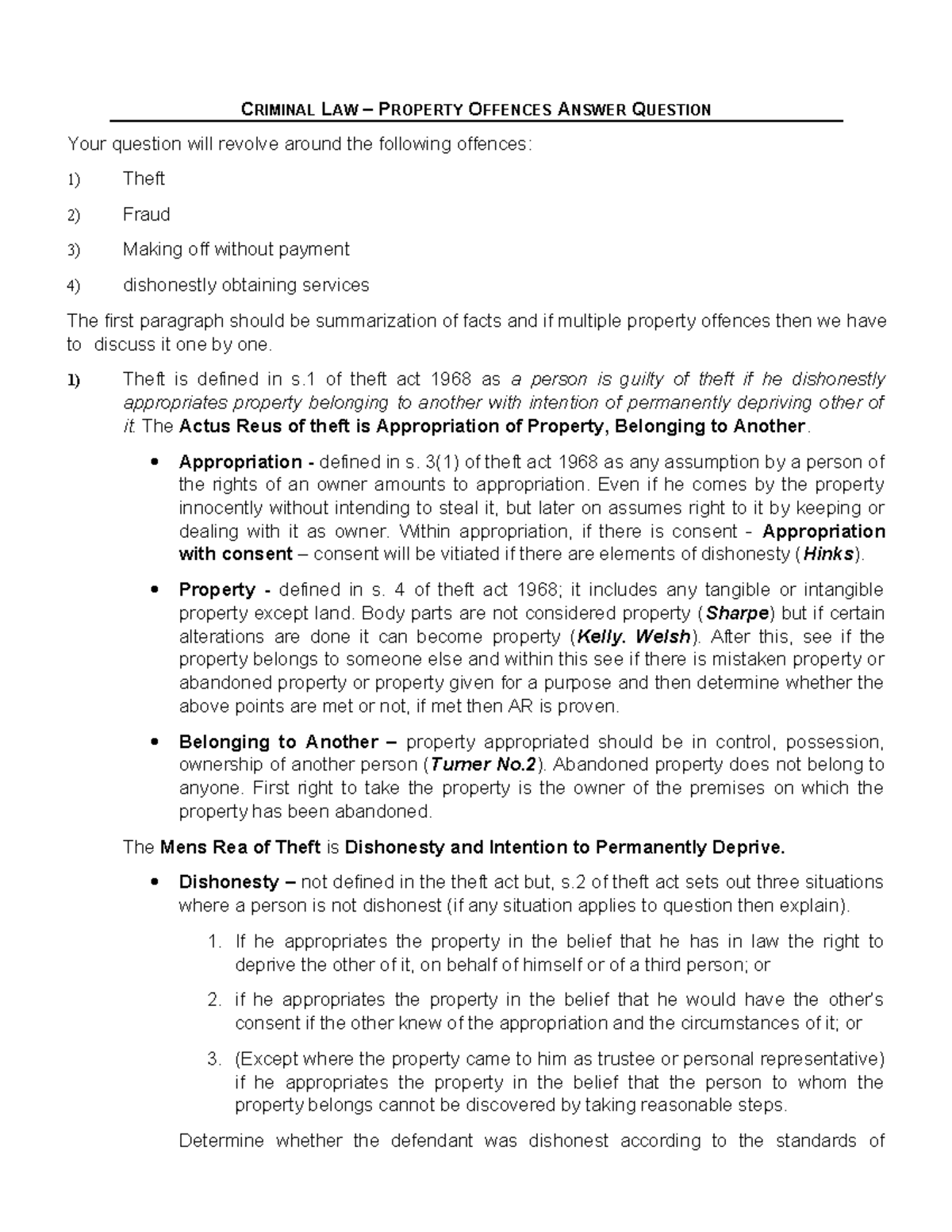 Theft - Notes - CRIMINAL LAW – PROPERTY OFFENCES ANSWER QUESTION Your ...
