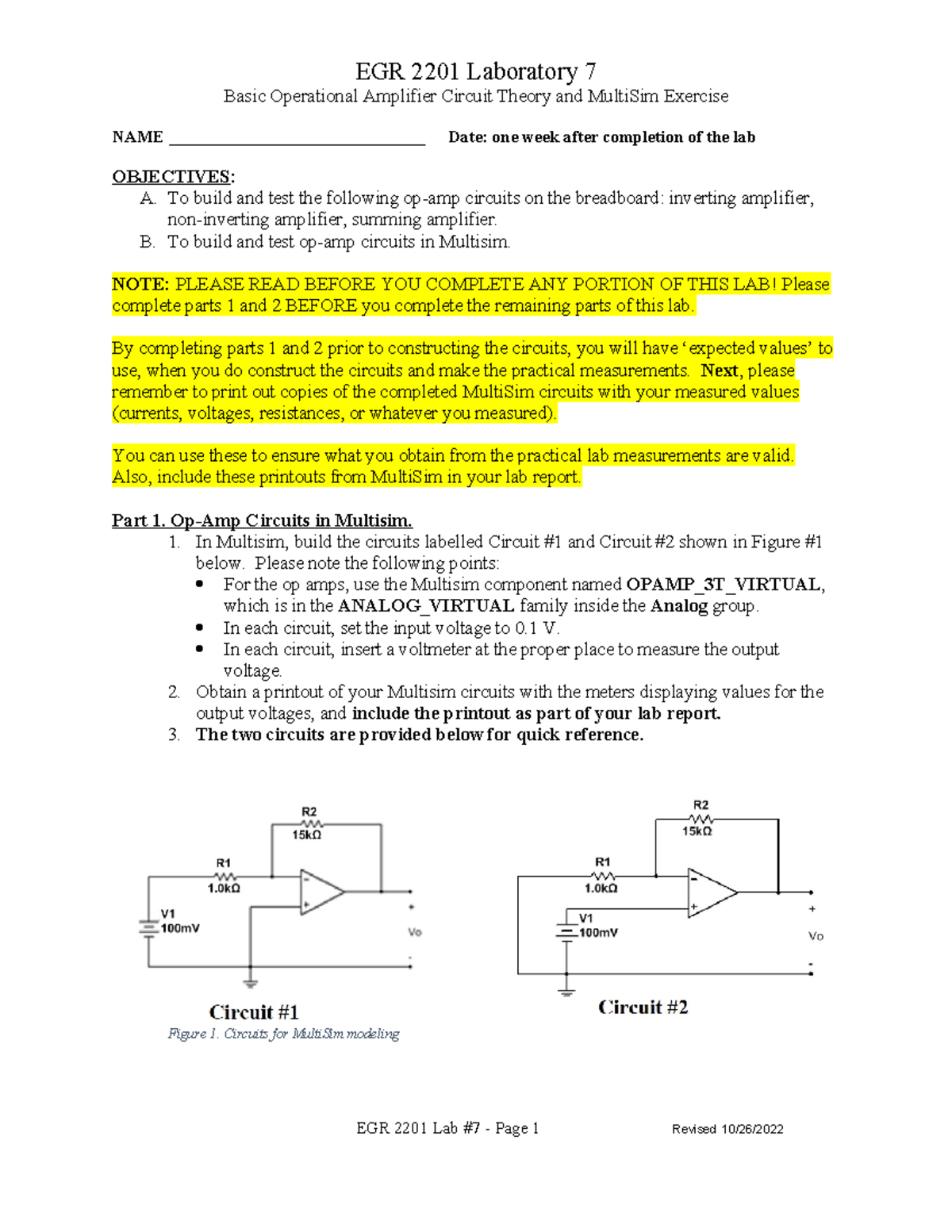 EGR 2201 Circuit LAB 7 Basic Operational Amplifier Circuit Theory and MultiSim Exercise NAME