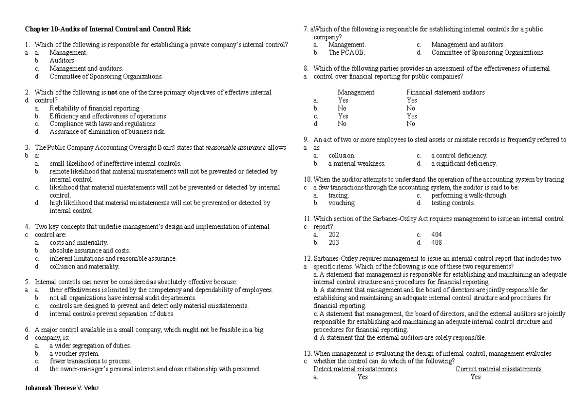 Chapter 10 Audits of Internal Control and Control Risk - Management. b ...