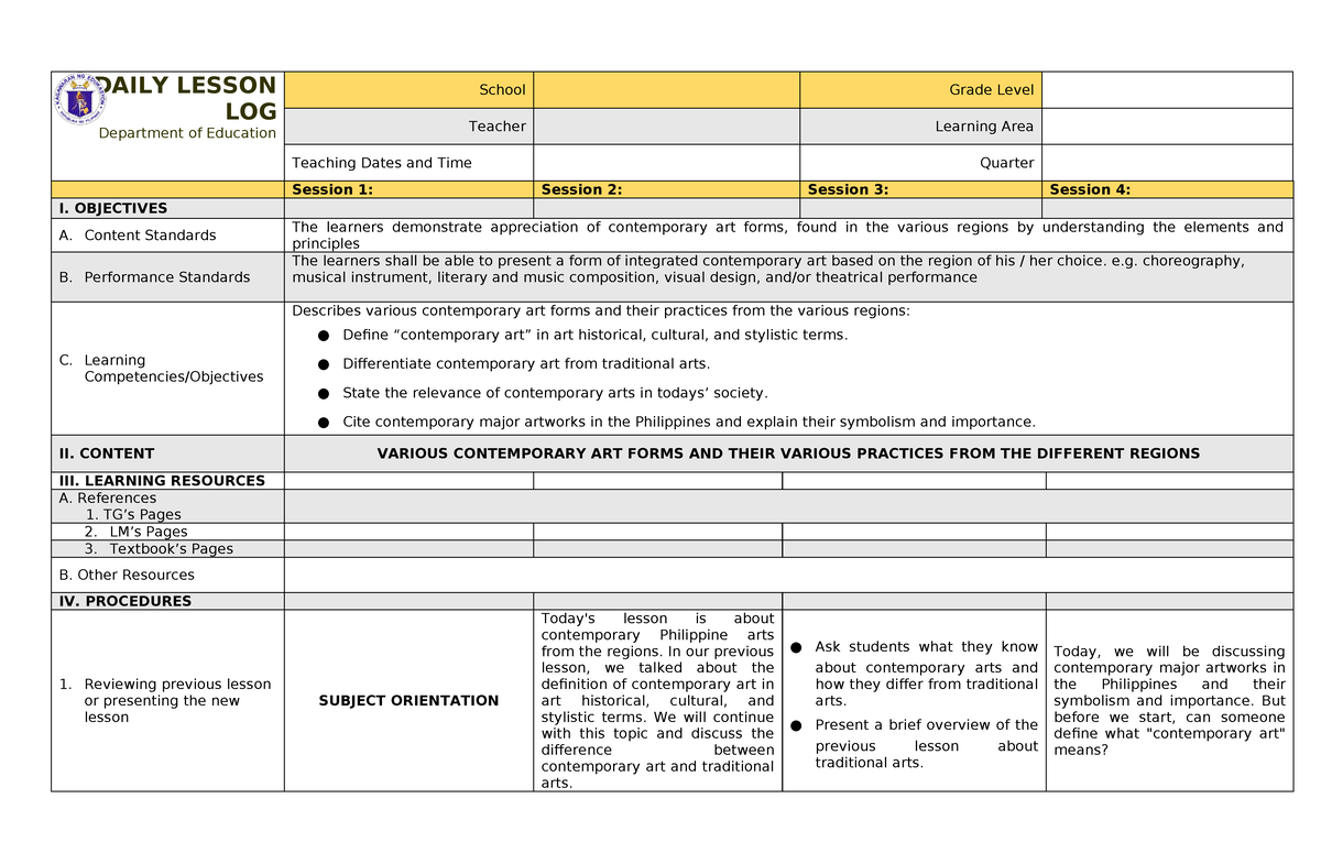 CPAR Q1 - quiz - DAILY LESSON LOG Department of Education School Grade ...