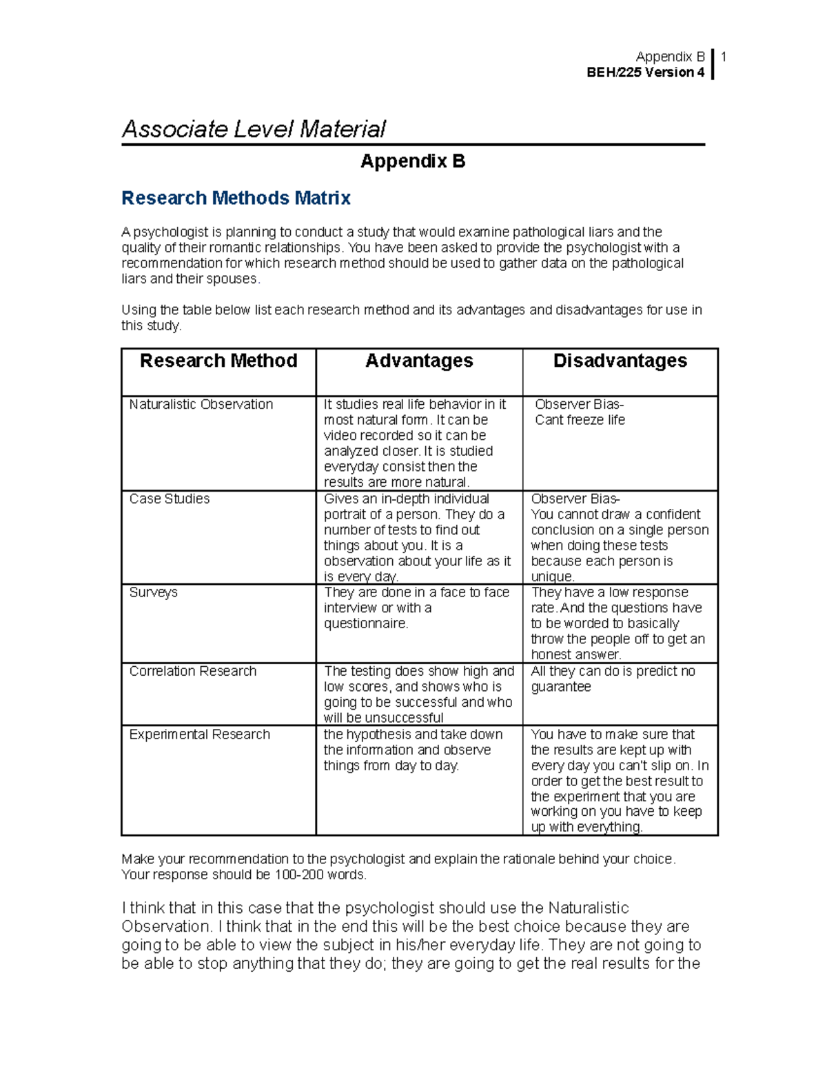 Beh225 Appendix B - Classroom Assignments - Appendix B BEH/225 Version ...