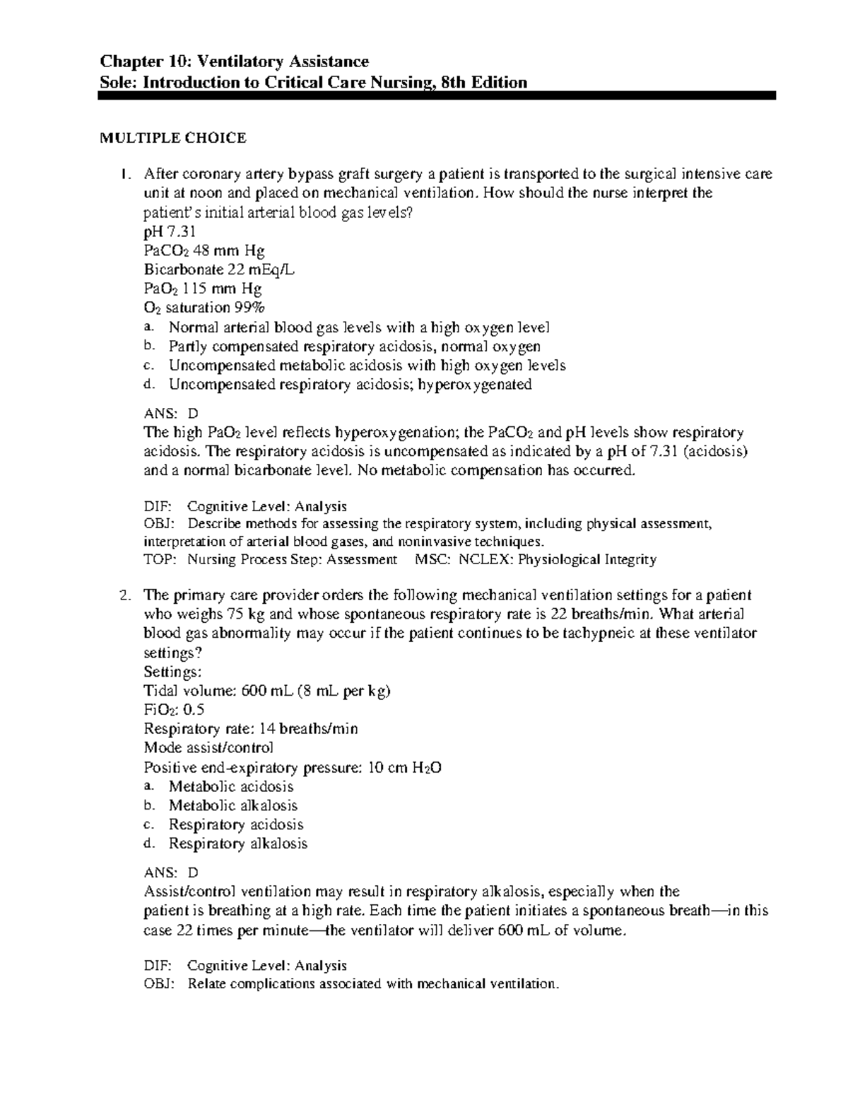 Chapter 10 - Test Bank Questions for fundamentals of nursing - NUR 211 ...