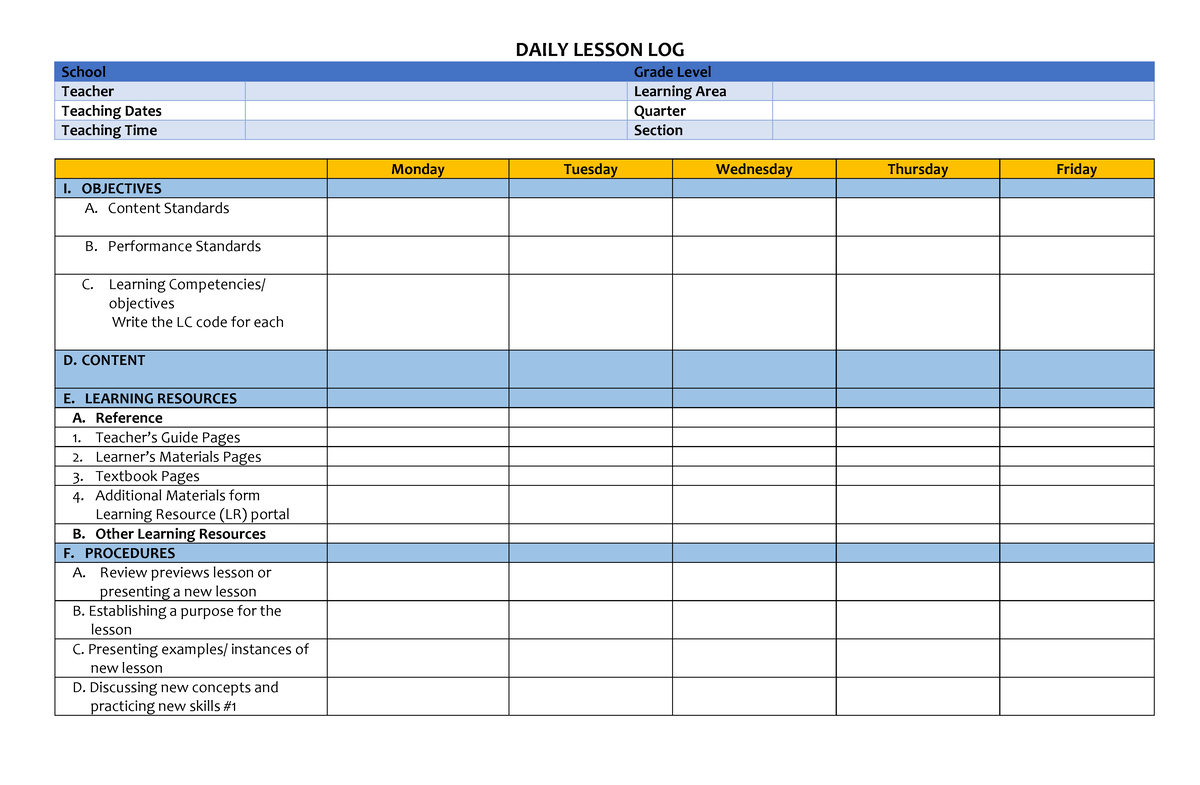 Daily Lesson LOG Template DAILY LESSON LOG School Grade Level 